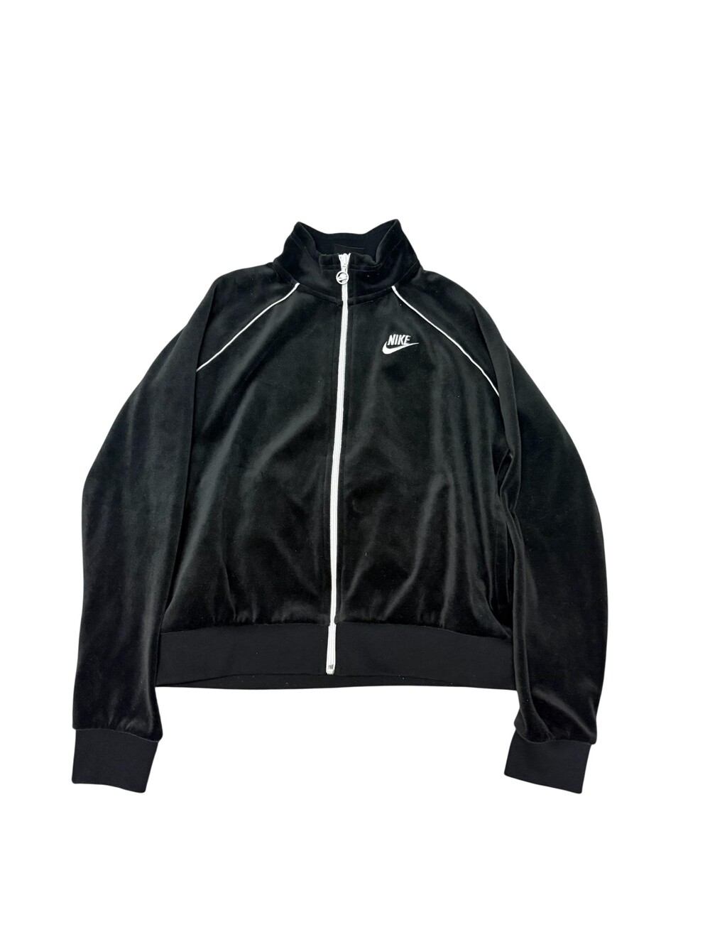 Nike Jacket Womens Medium Black Velour Track Full Zip White Piping Logo Running